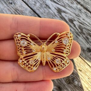 Vintage Gold Tone Butterfly Brooch with Rhinestones